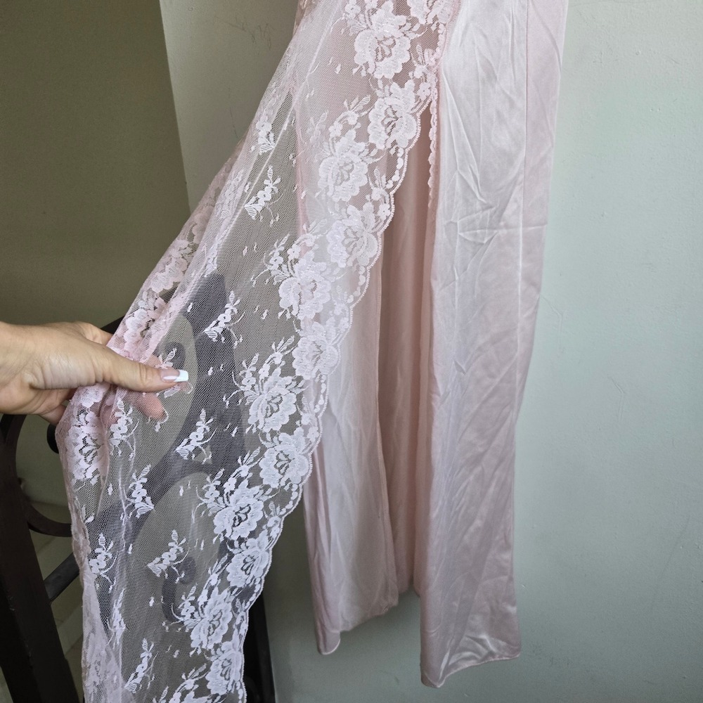 Vintage S Pink Maxi Nightgown Women Good Lace Mesh Spaghetti Strap Full Length - Picture 3 of 7